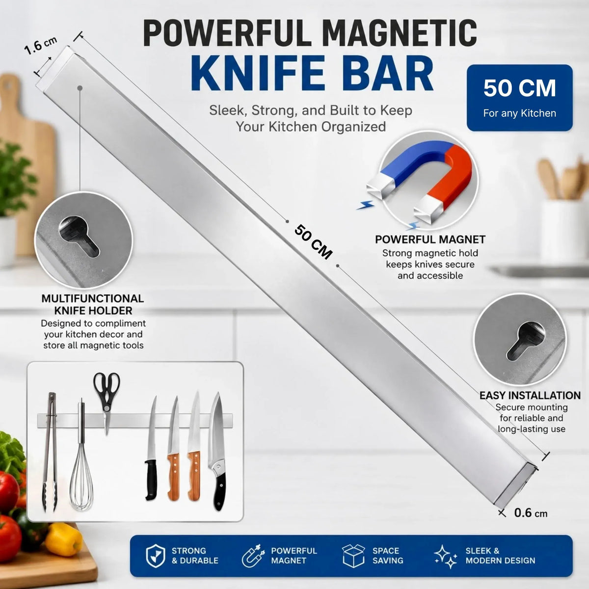 Magnetic Knife Strip 50cm, Premium Stainless Steel Wall Rack Kitchen