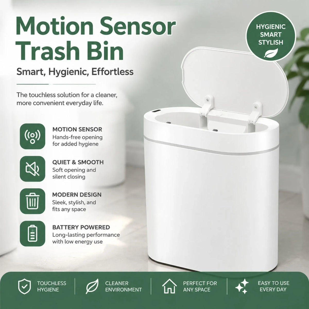 CARLA HOME 7L Motion Sensor Bin, Slim Automatic Touchless Trash Can, Lid, White