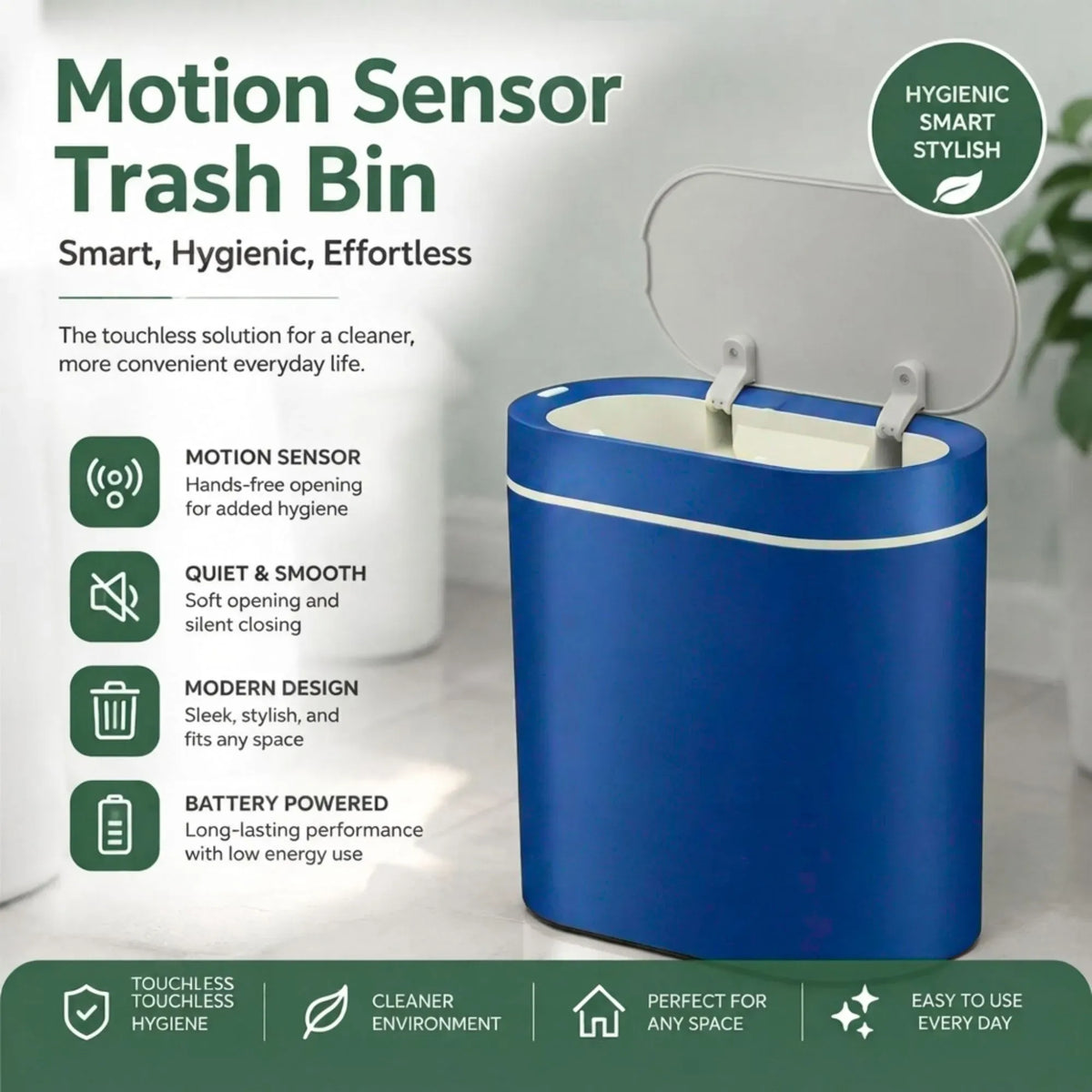 7L Automatic Trash Bin with Lid, Motion Sensor Garbage Can Blue