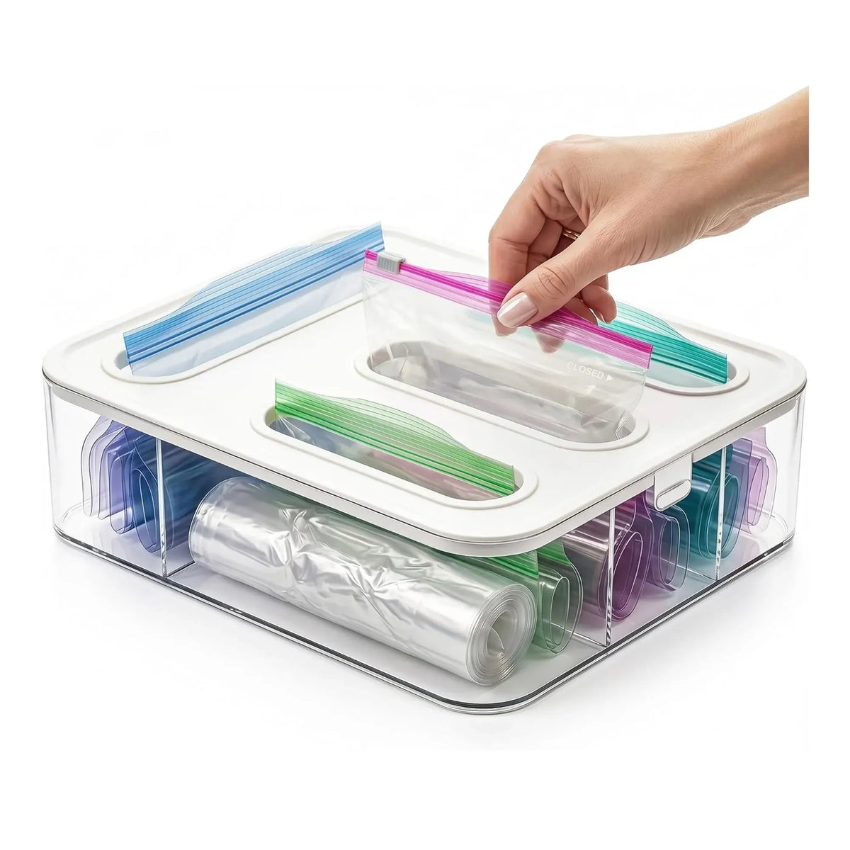 Food Storage Bag Organiser, 4 Compartment Drawer Box, Kitchen Drawer