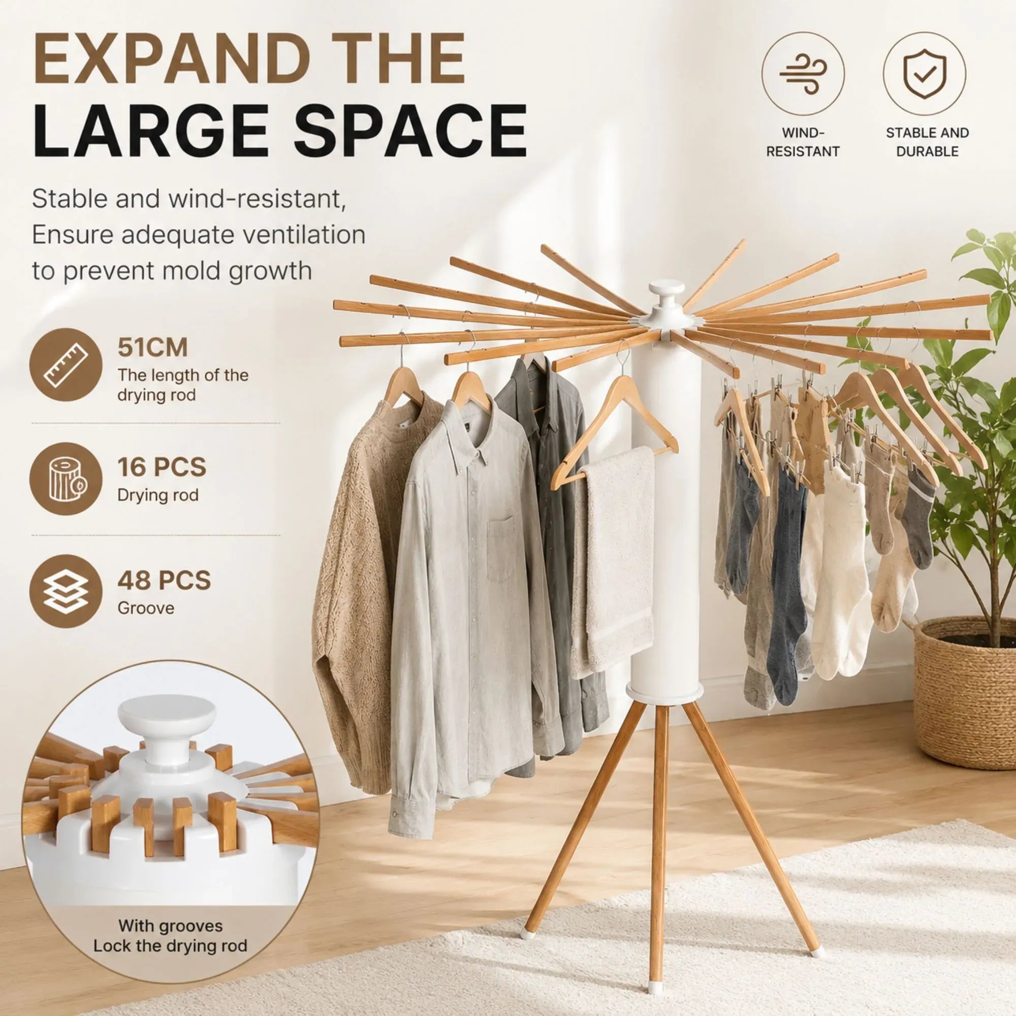 Tripod Clothes Drying Rack, 16 Rod Foldable, Wooden Poles