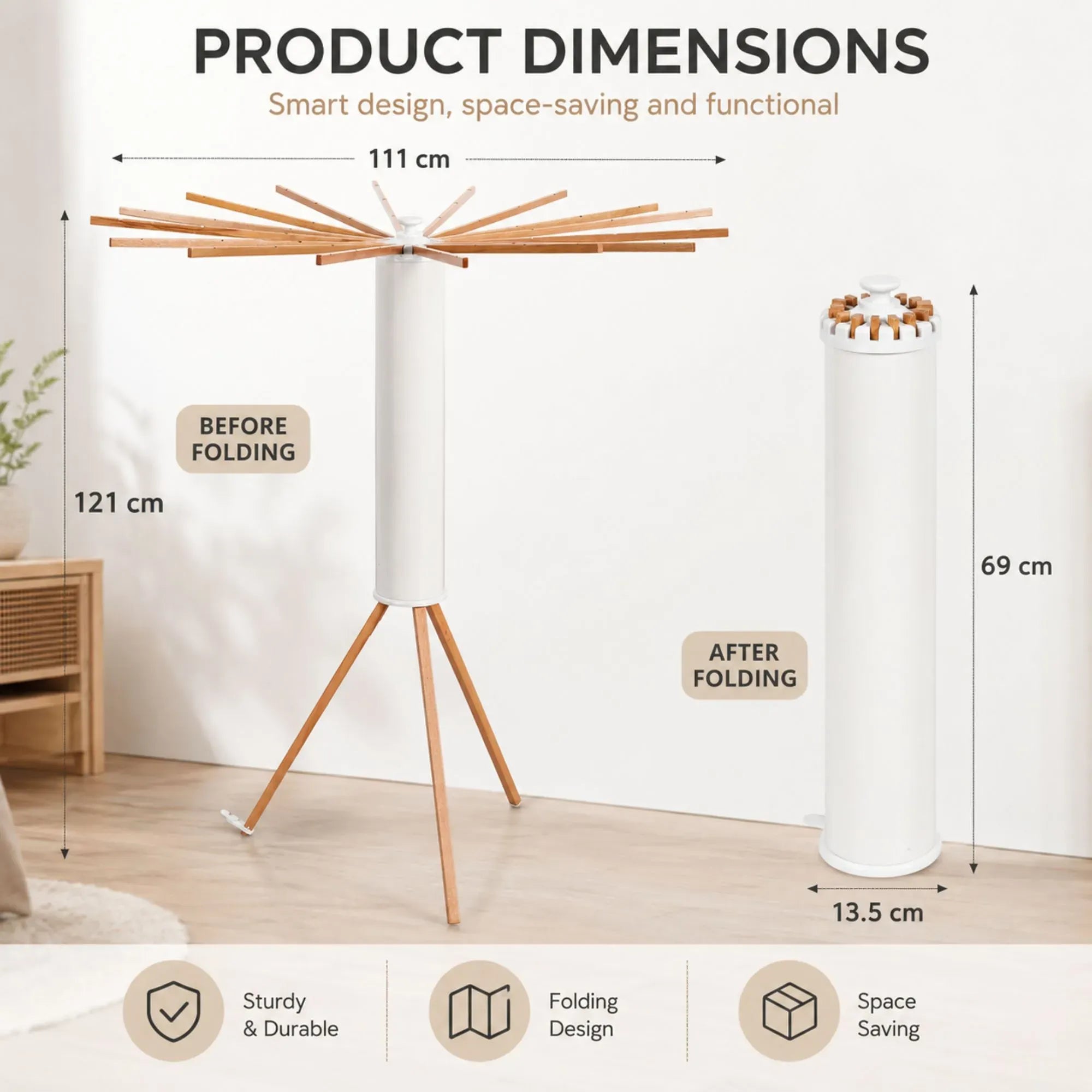 Tripod Clothes Drying Rack, 16 Rod Foldable, Wooden Poles