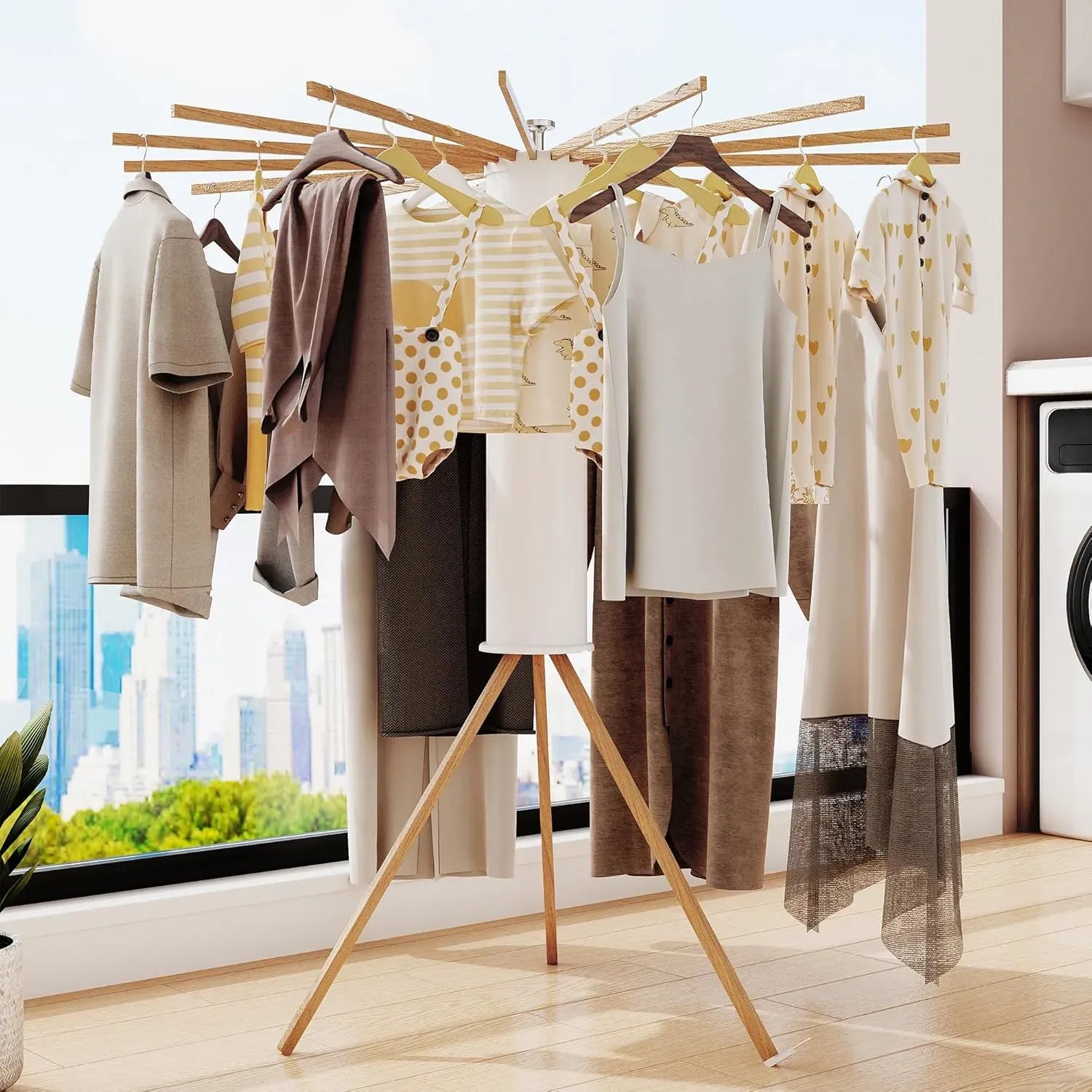 Tripod Clothes Drying Rack, 16 Rod Foldable, Wooden Poles