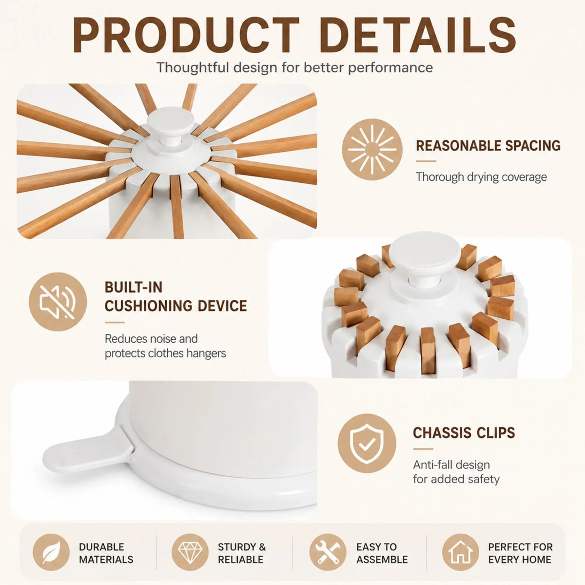 CARLA HOME Tripod Clothes Drying Rack, 16 Wooden Rod Foldable Airer, White