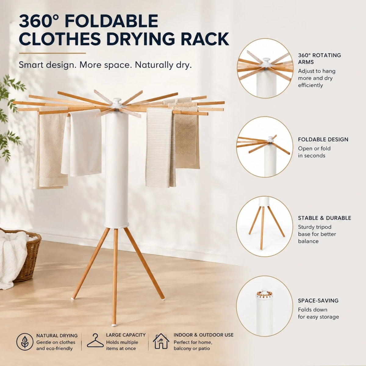 CARLA HOME Tripod Clothes Drying Rack, 16 Wooden Rod Foldable Airer, White