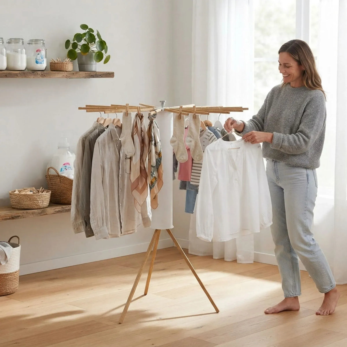 CARLA HOME Tripod Clothes Drying Rack, 16 Wooden Rod Foldable Airer, White
