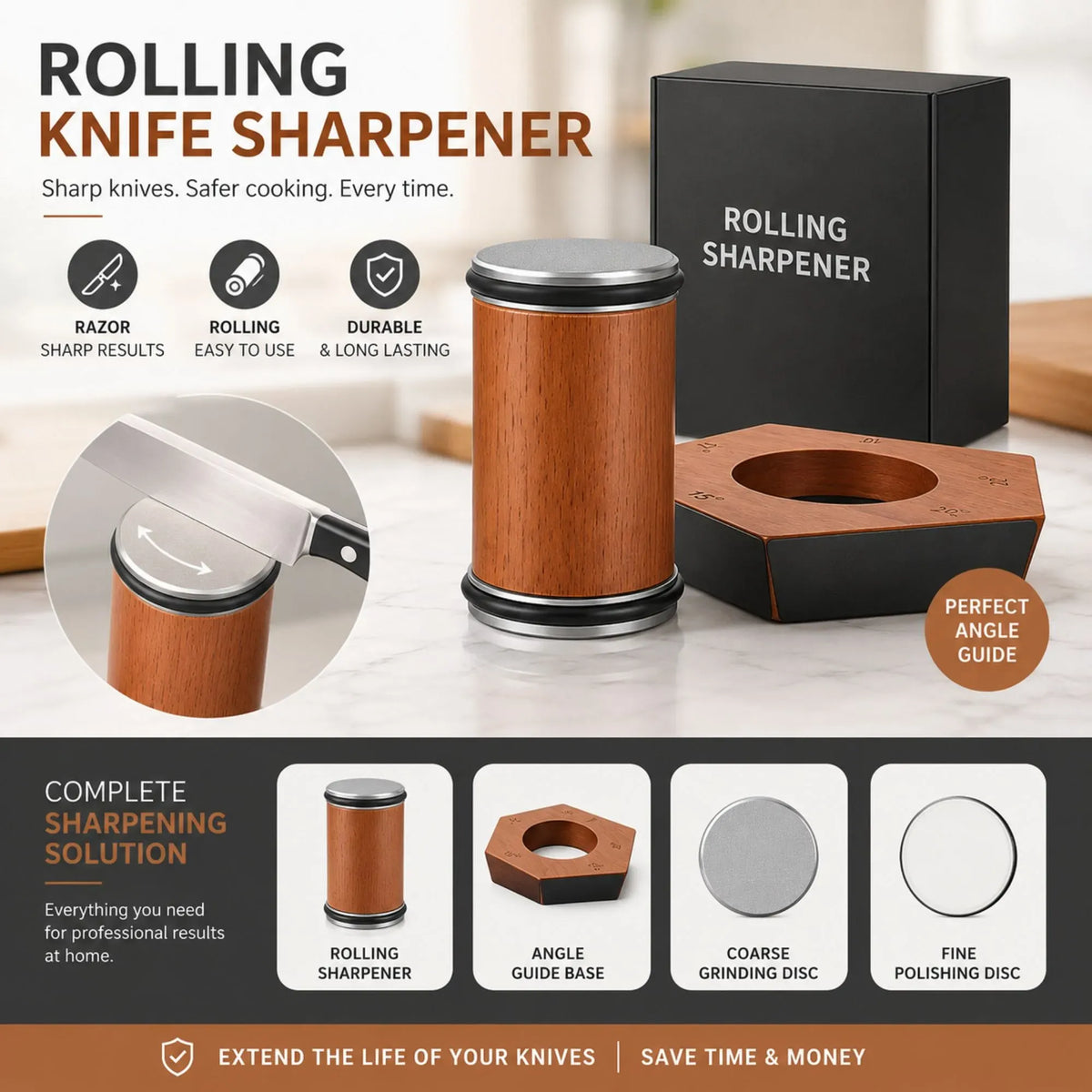 CARLA HOME Rolling Knife Sharpener Kit, 5 Angle Magnetic Holder, 3 Grit Discs