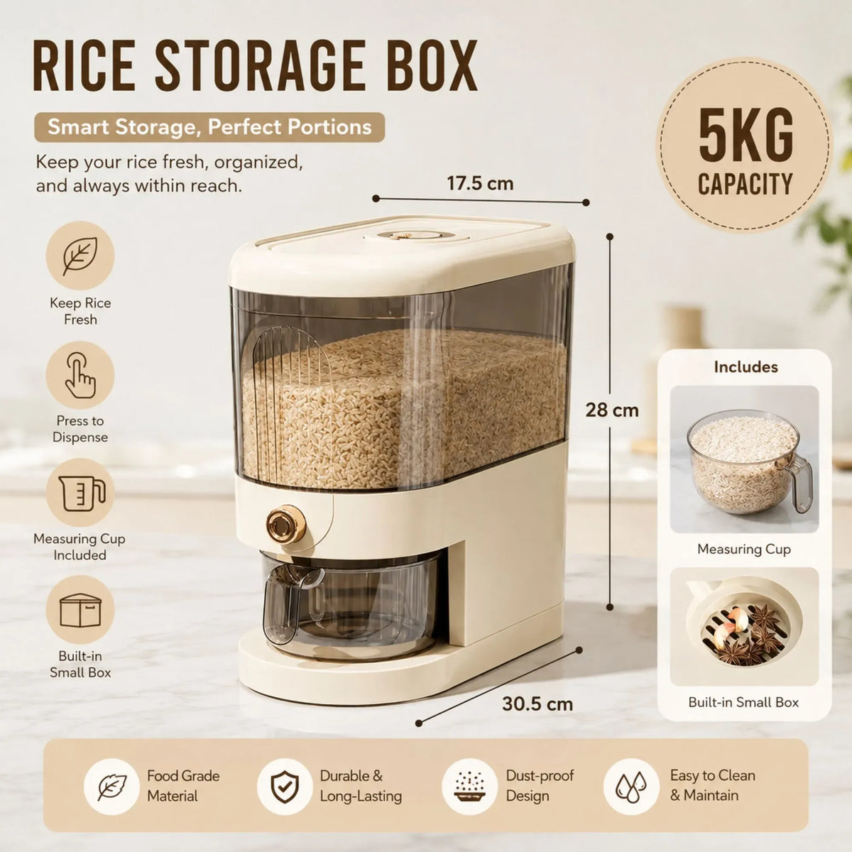 Rice Dispenser 5kg Large Storage, Press Button Grain Container Kitchen