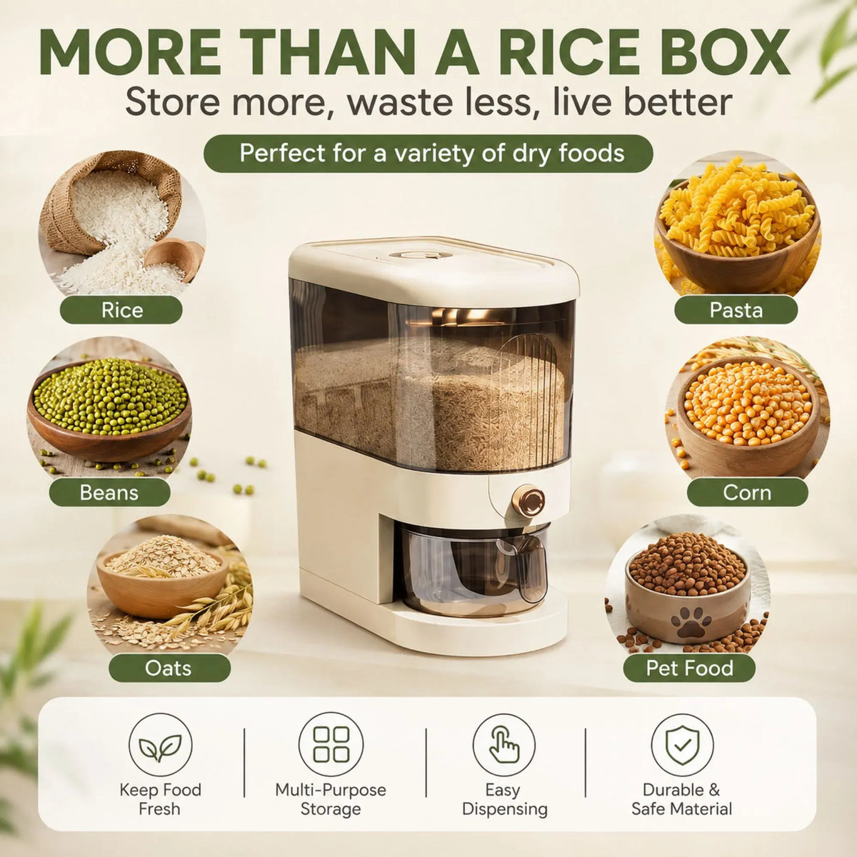 Rice Dispenser 5kg Large Storage, Press Button Grain Container Kitchen