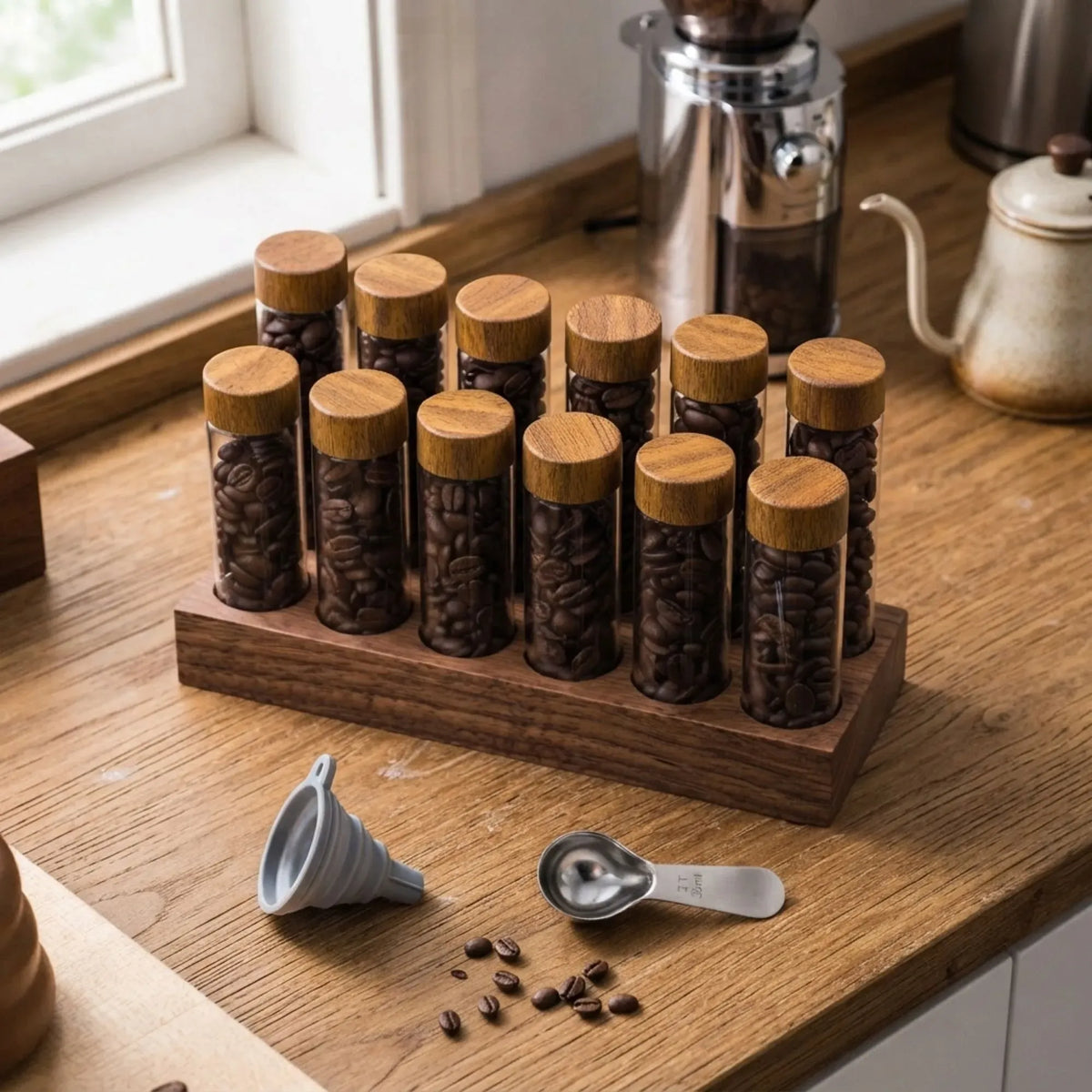 Glass Coffee Bean Storage Tubes, 12 Pack Wooden Stand (60ml 20g)