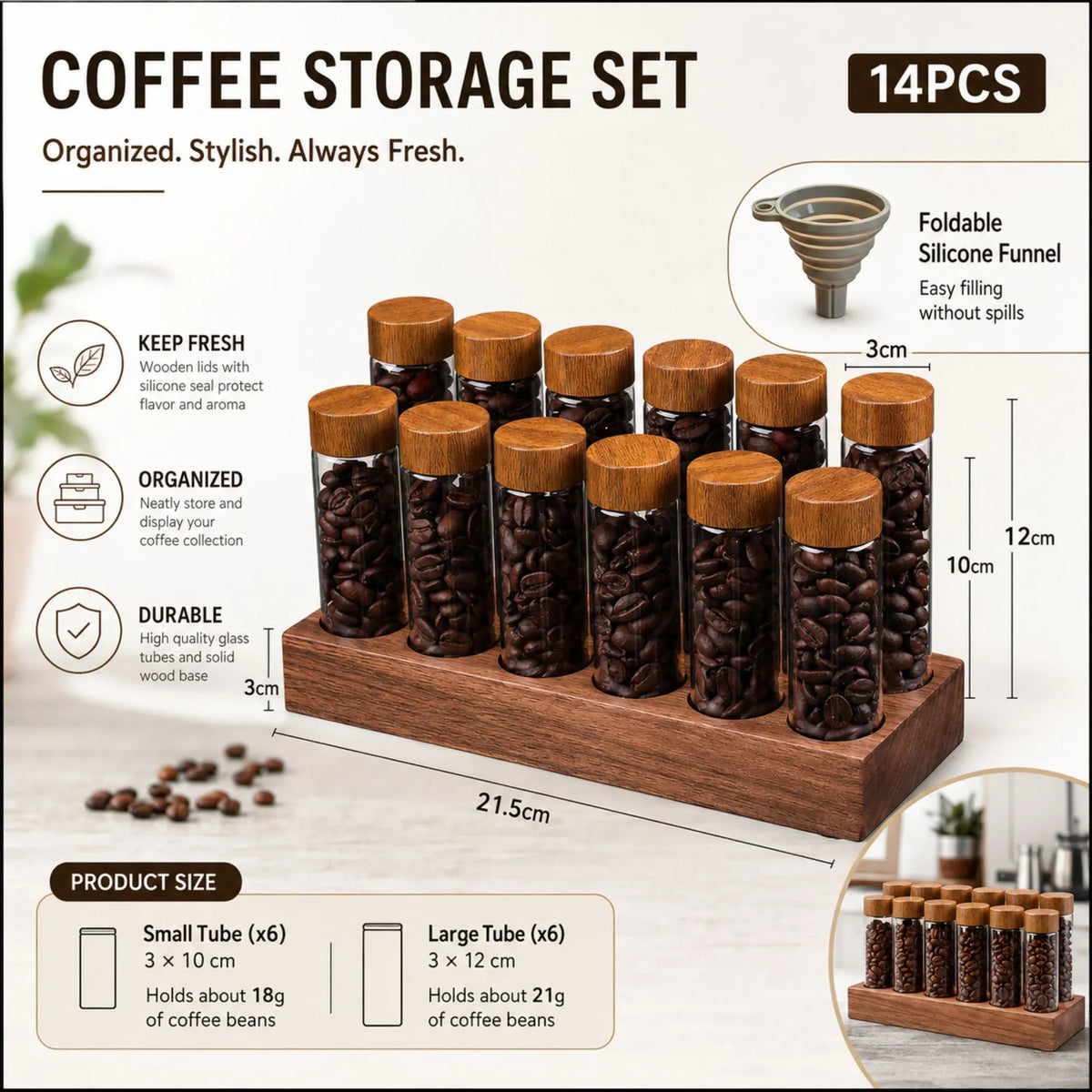 Glass Coffee Bean Storage Tubes, 12 Pack Wooden Stand (60ml 20g)