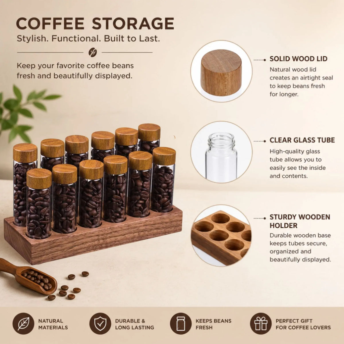 Glass Coffee Bean Storage Tubes, 12 Pack Wooden Stand (60ml 20g)