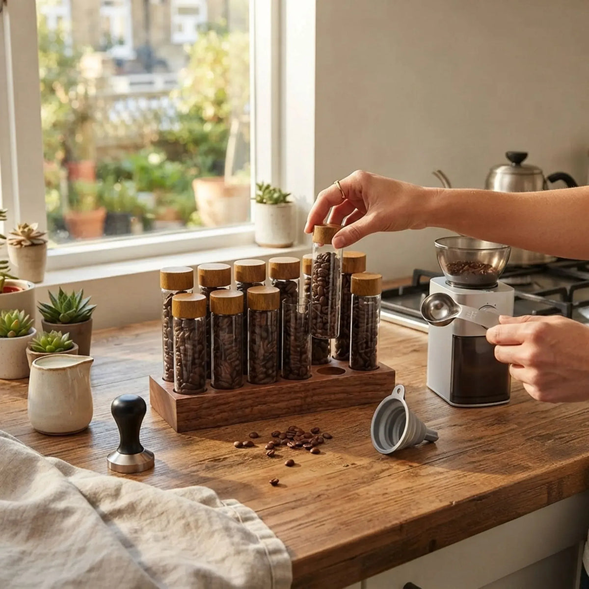 Glass Coffee Bean Storage Tubes, 12 Pack Wooden Stand (60ml 20g)