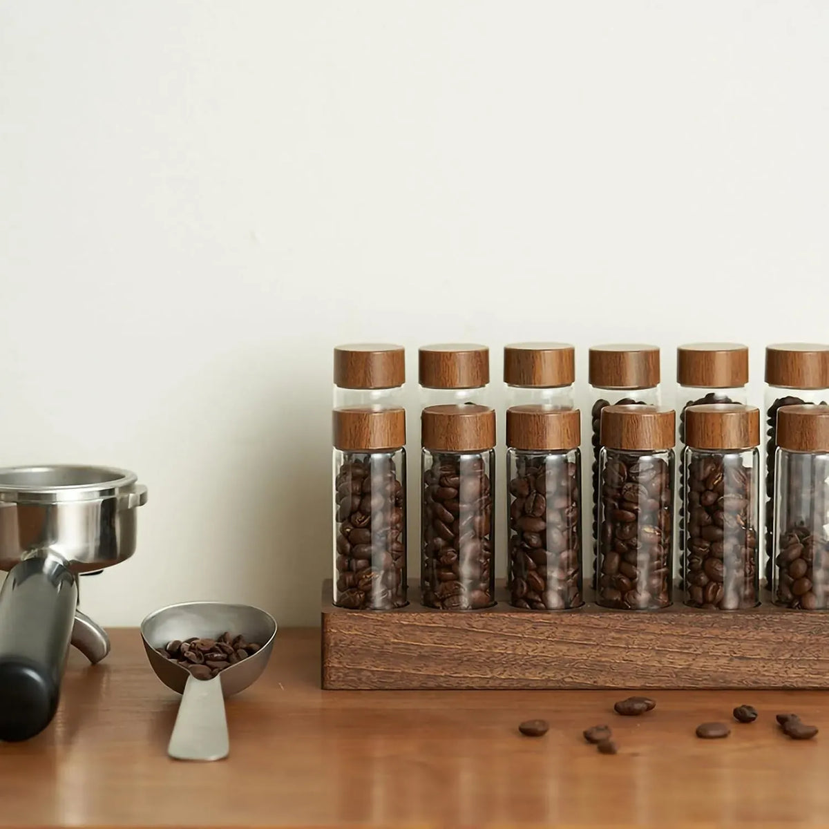 Glass Coffee Bean Storage Tubes, 12 Pack Wooden Stand (60ml 20g)