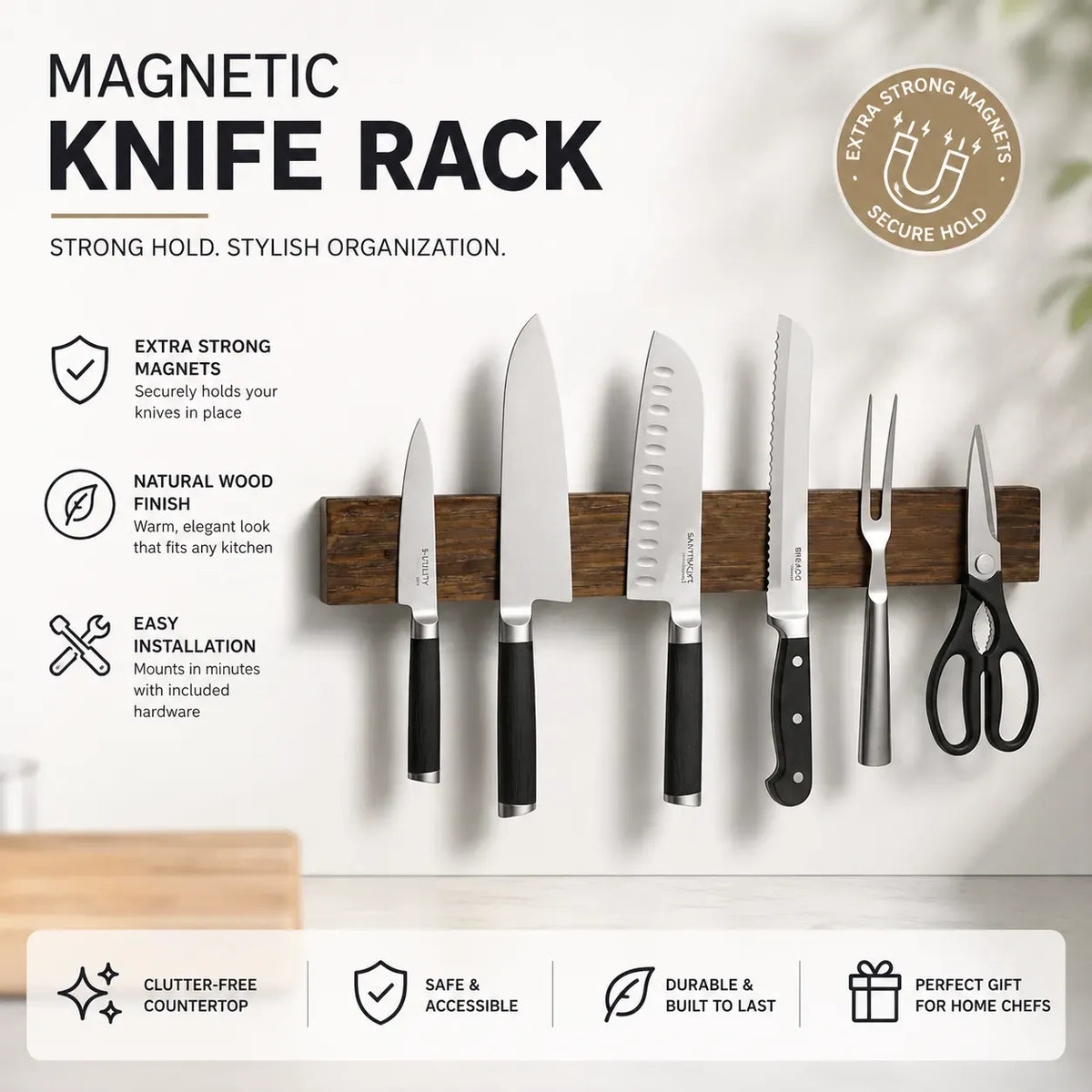 Magnetic Knife Holder Wall Mounted, Wood Strip, Brown (40cm)