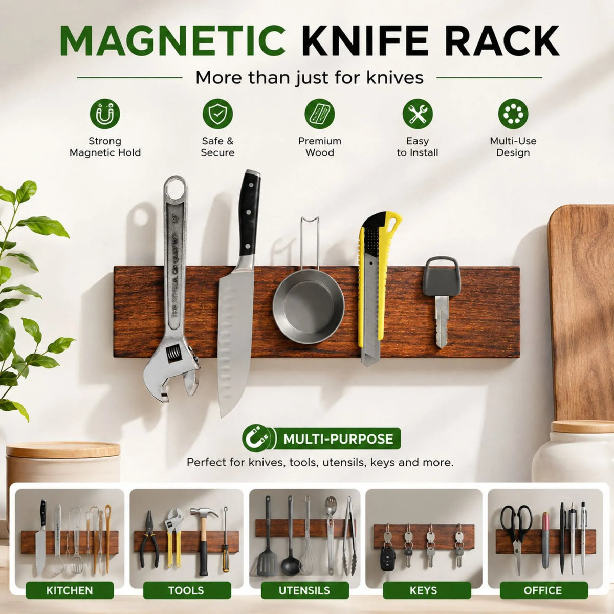 Magnetic Knife Holder Wall Mounted, Wood Strip, Brown (40cm)