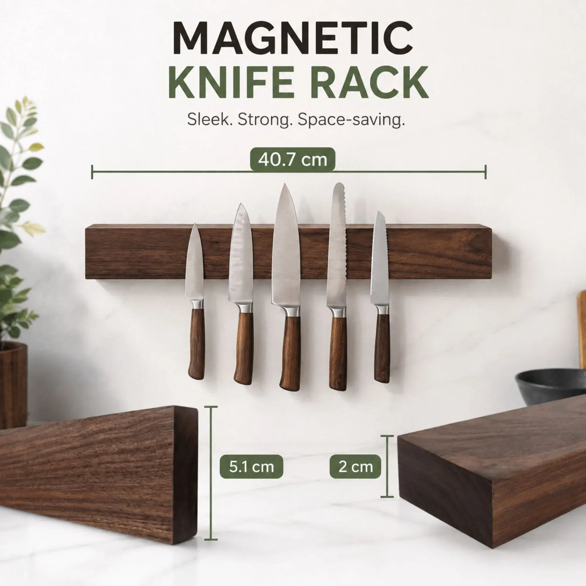 Magnetic Knife Holder Wall Mounted, Wood Strip, Brown (40cm)