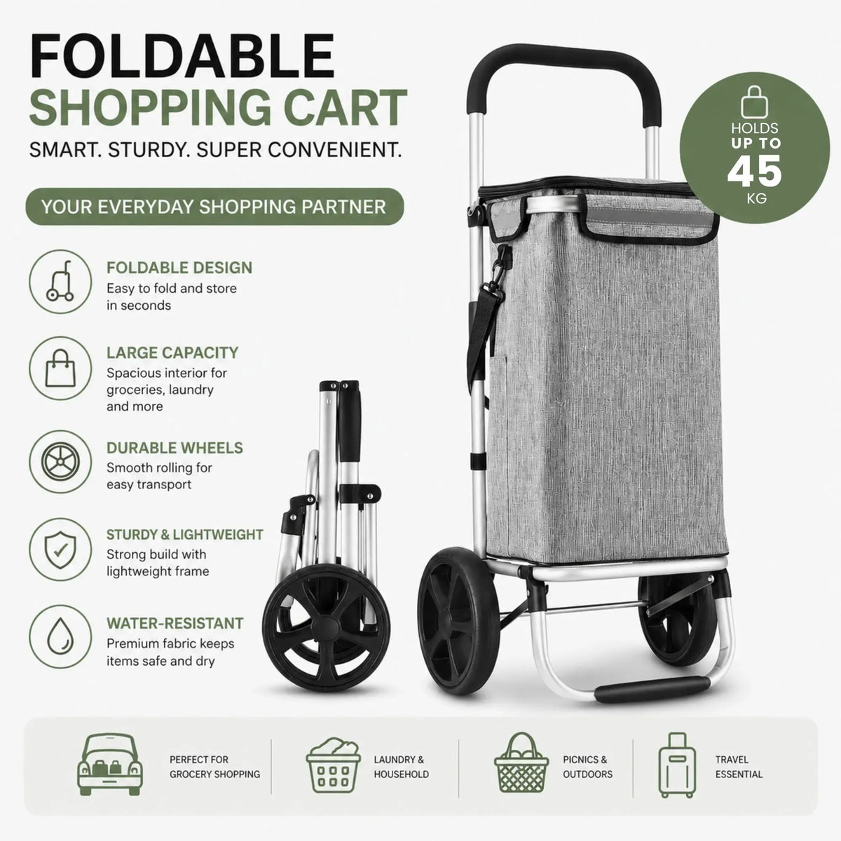 Foldable Shopping Trolley, Aluminium Cart, 45L, Waterproof, Grey