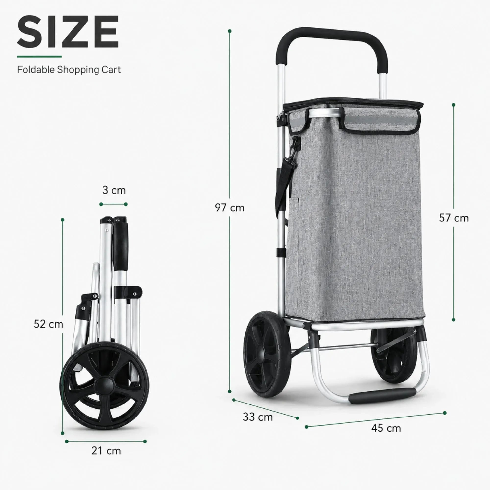 Foldable Shopping Trolley, Aluminium Cart, 45L, Waterproof, Grey