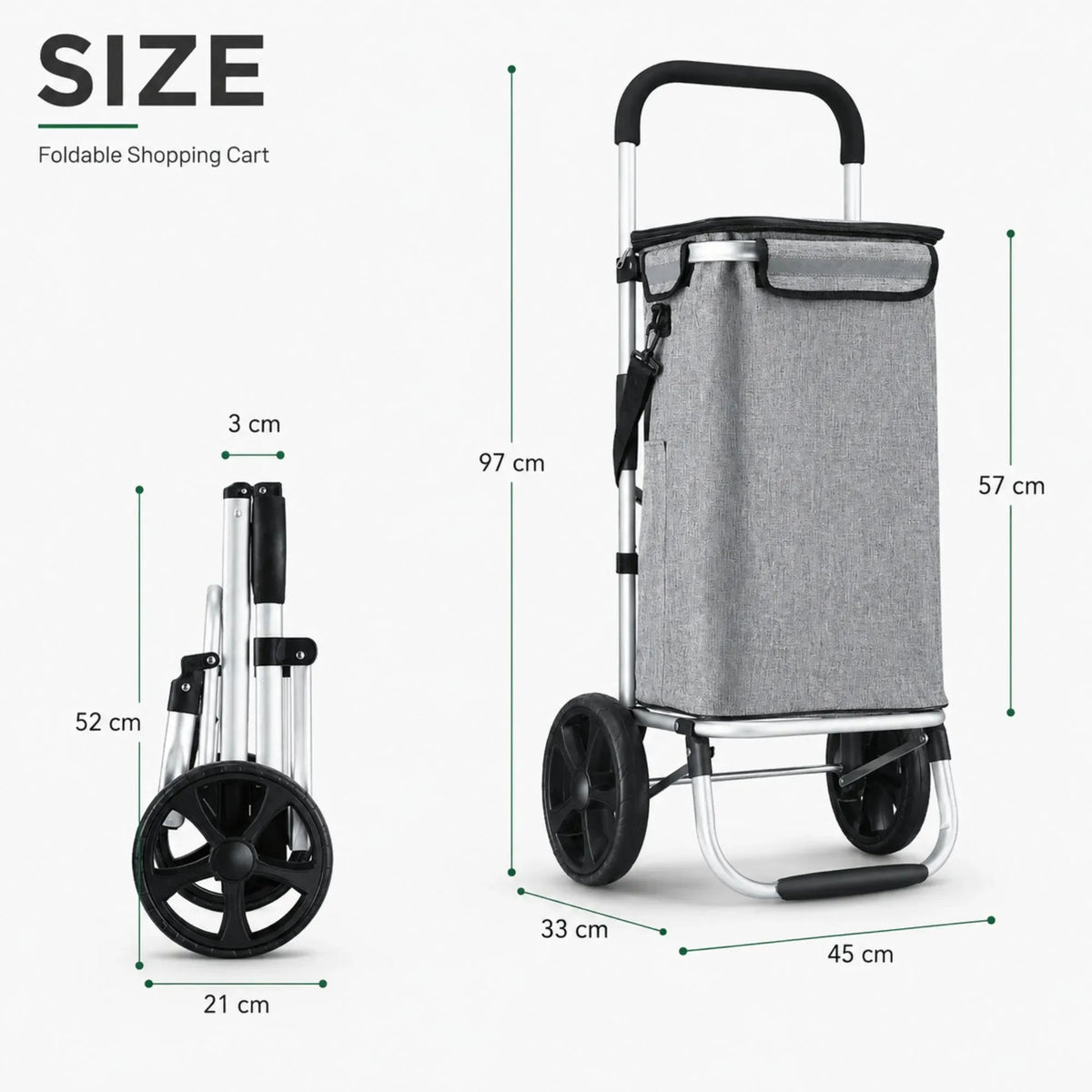 Foldable Shopping Trolley, Aluminium Cart, 45L, Waterproof, Grey