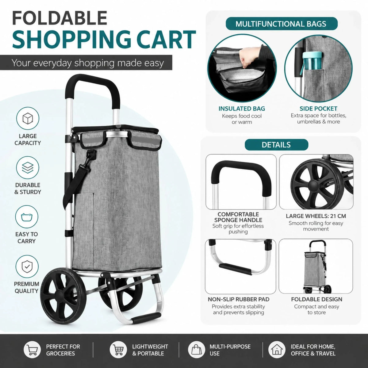 Foldable Shopping Trolley, Aluminium Cart, 45L, Waterproof, Grey