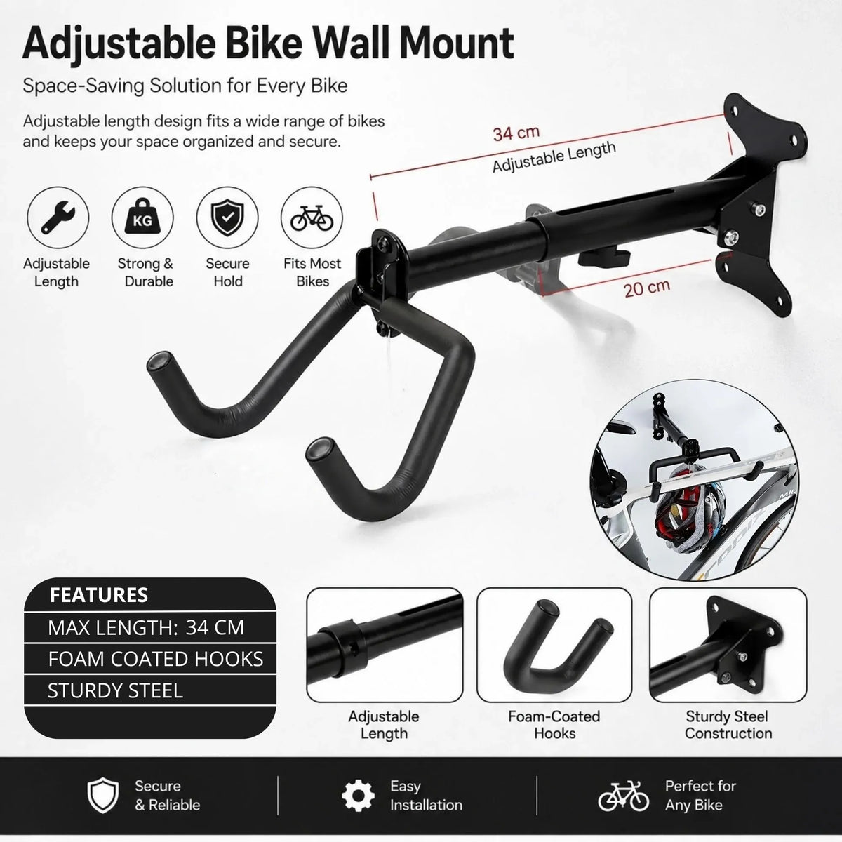 Wall Mount Bike Rack, Adjustable Foldable Hanger, Garage Storage