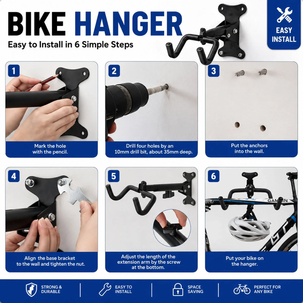 Wall Mount Bike Rack, Adjustable Foldable Hanger, Garage Storage