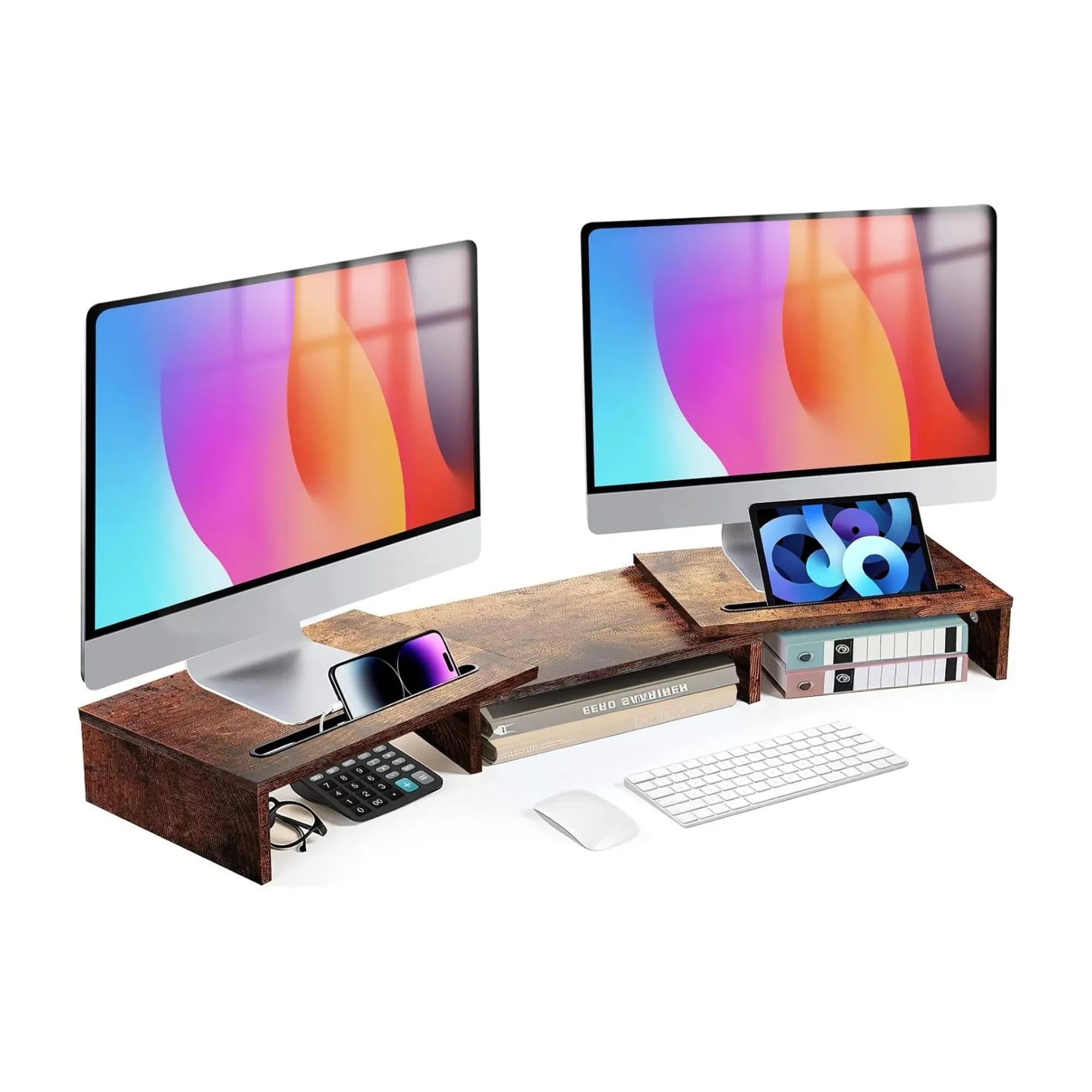 Dual Monitor Stand Riser, Adjustable Length and Angle, Brown