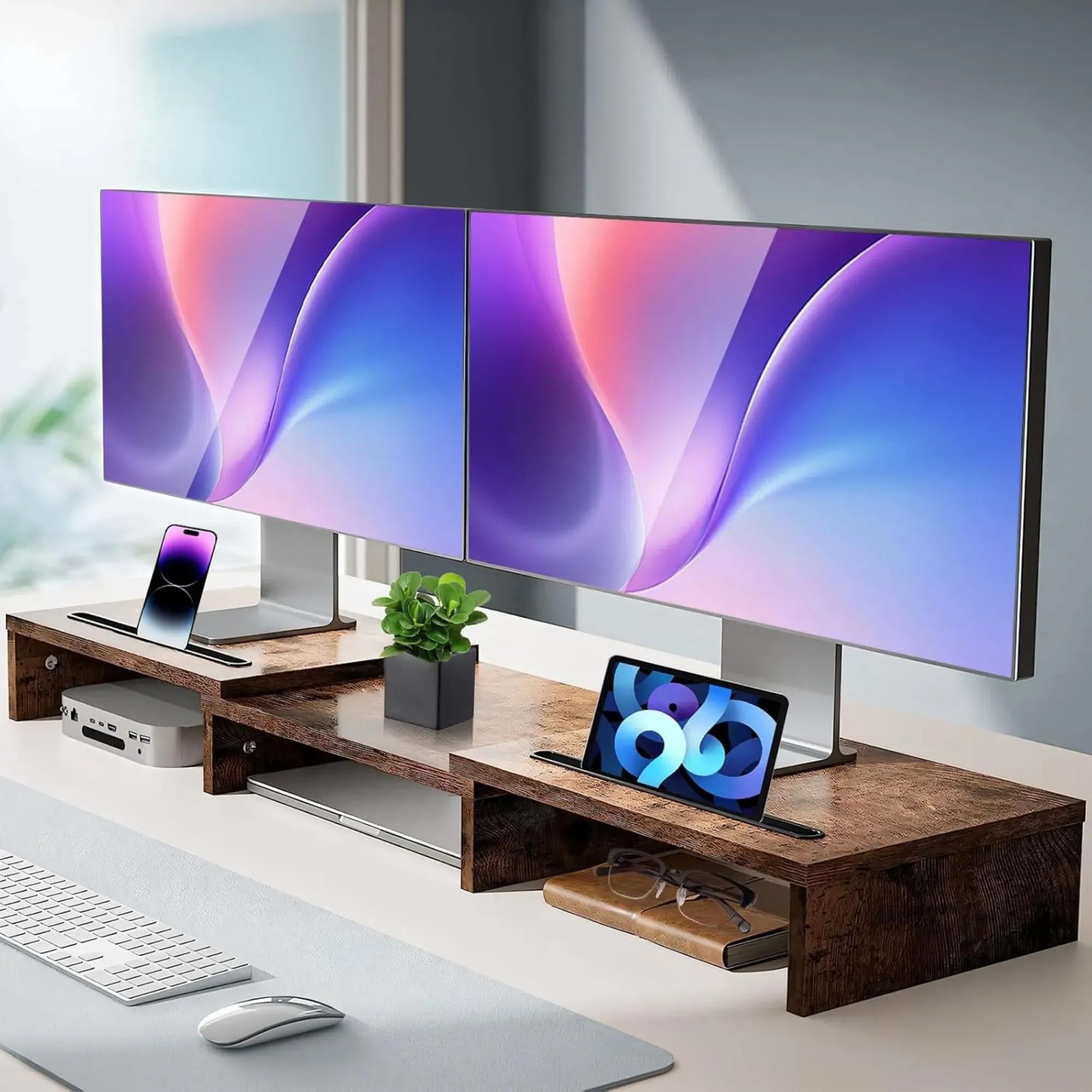 Dual Monitor Stand Riser, Adjustable Length and Angle, Brown