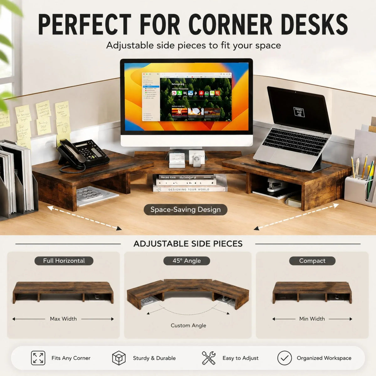 Dual Monitor Stand Riser, Adjustable Length and Angle, Brown