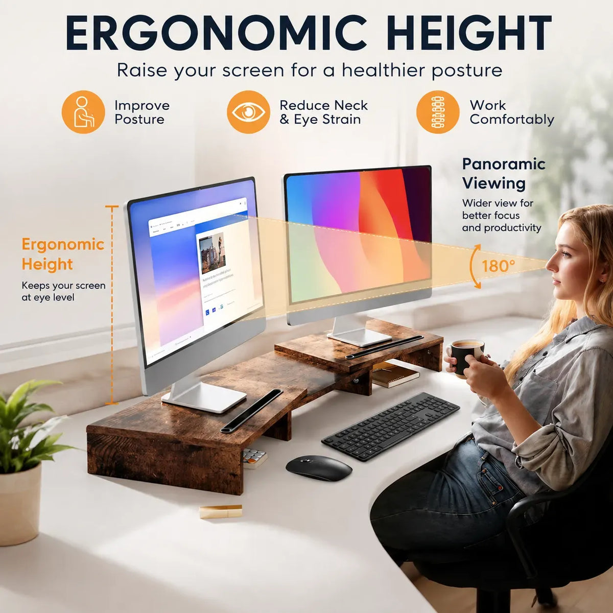 Dual Monitor Stand Riser, Adjustable Length and Angle, Brown