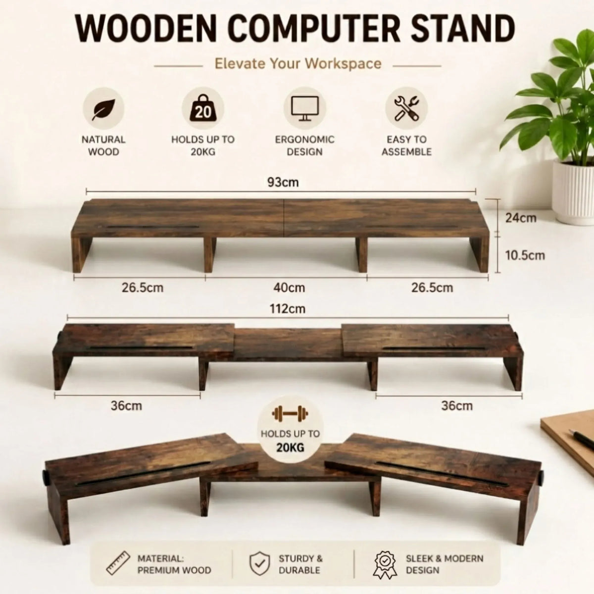 Dual Monitor Stand Riser, Adjustable Length and Angle, Brown