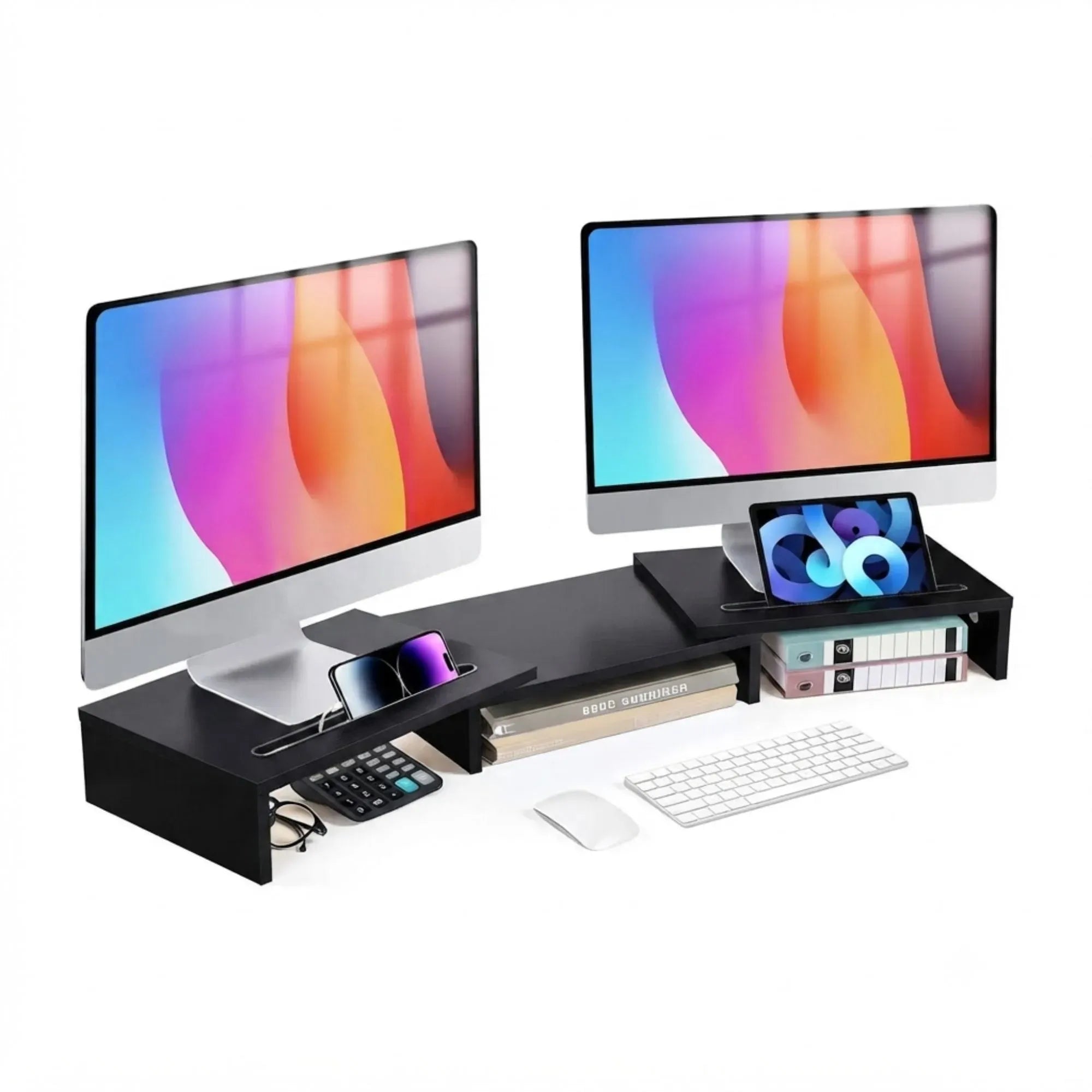 Dual Monitor Stand Riser, Adjustable Length and Angle, Black