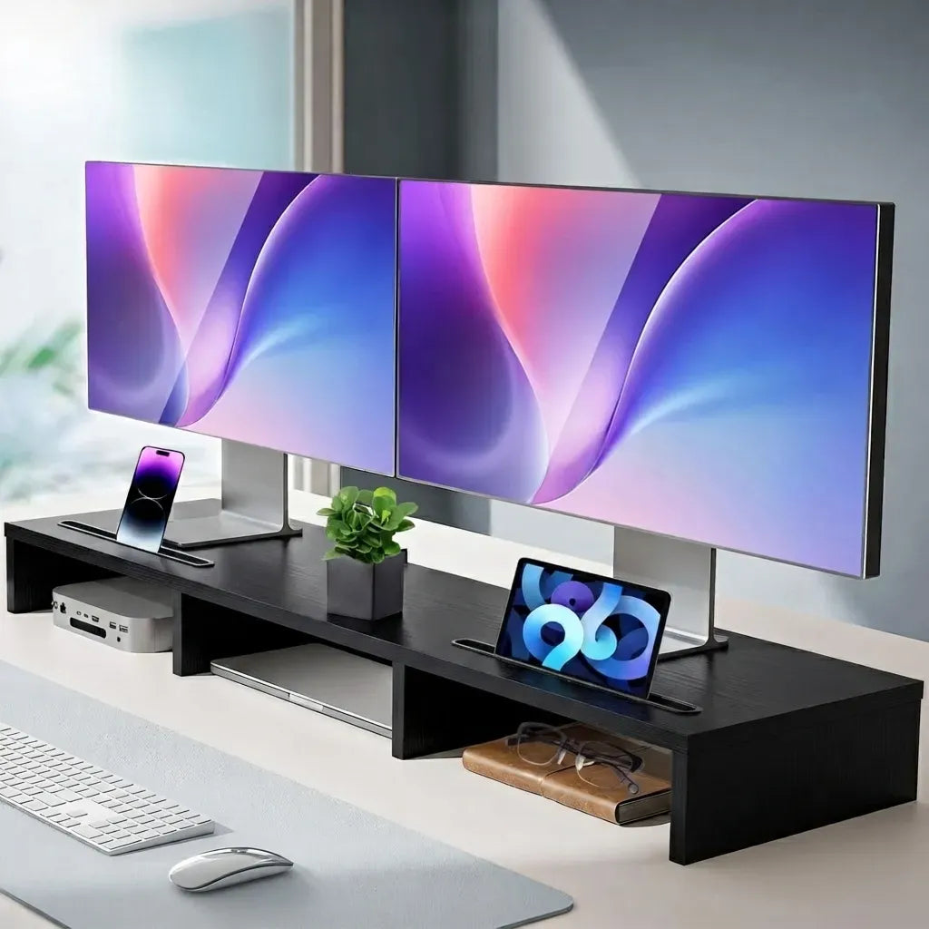 Dual Monitor Stand Riser, Adjustable Length and Angle, Black