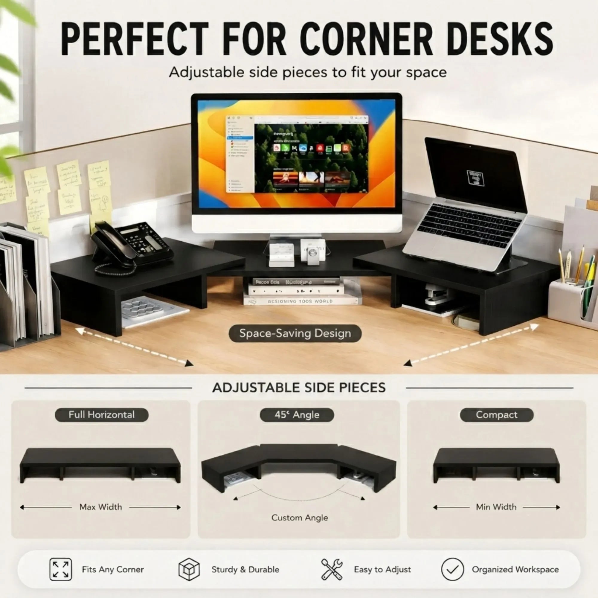 Dual Monitor Stand Riser, Adjustable Length and Angle, Black