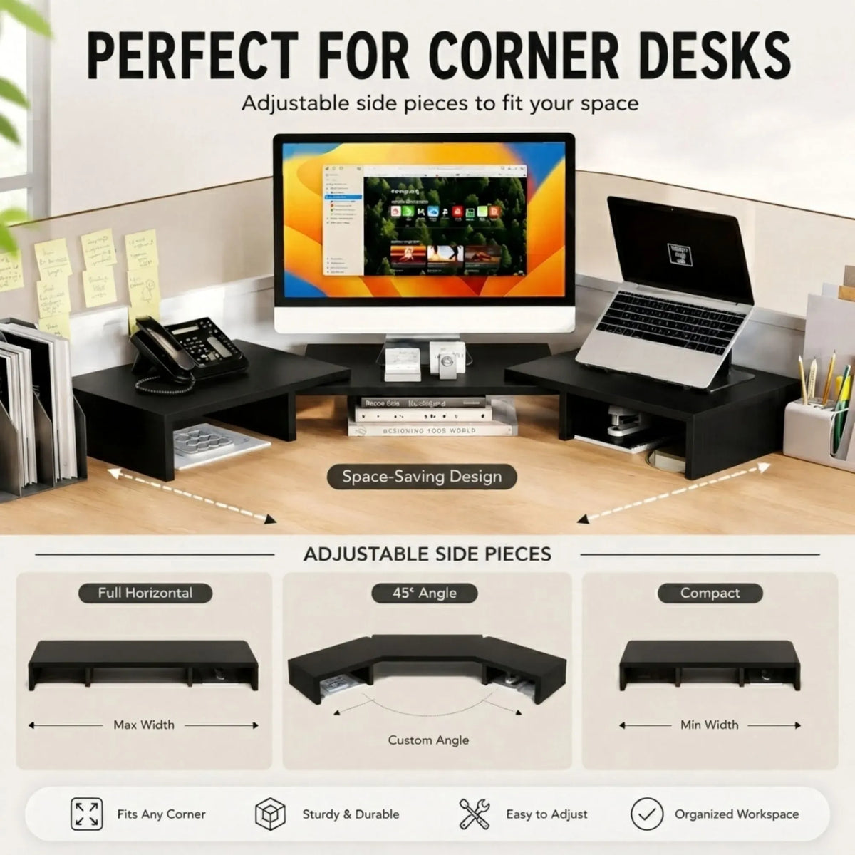 Dual Monitor Stand Riser, Adjustable Length and Angle, Black