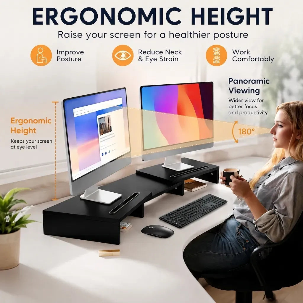 Dual Monitor Stand Riser, Adjustable Length and Angle, Black