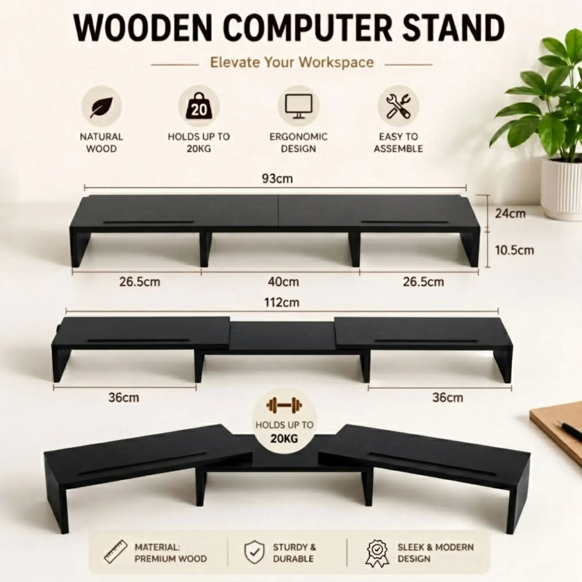 Dual Monitor Stand Riser, Adjustable Length and Angle, Black