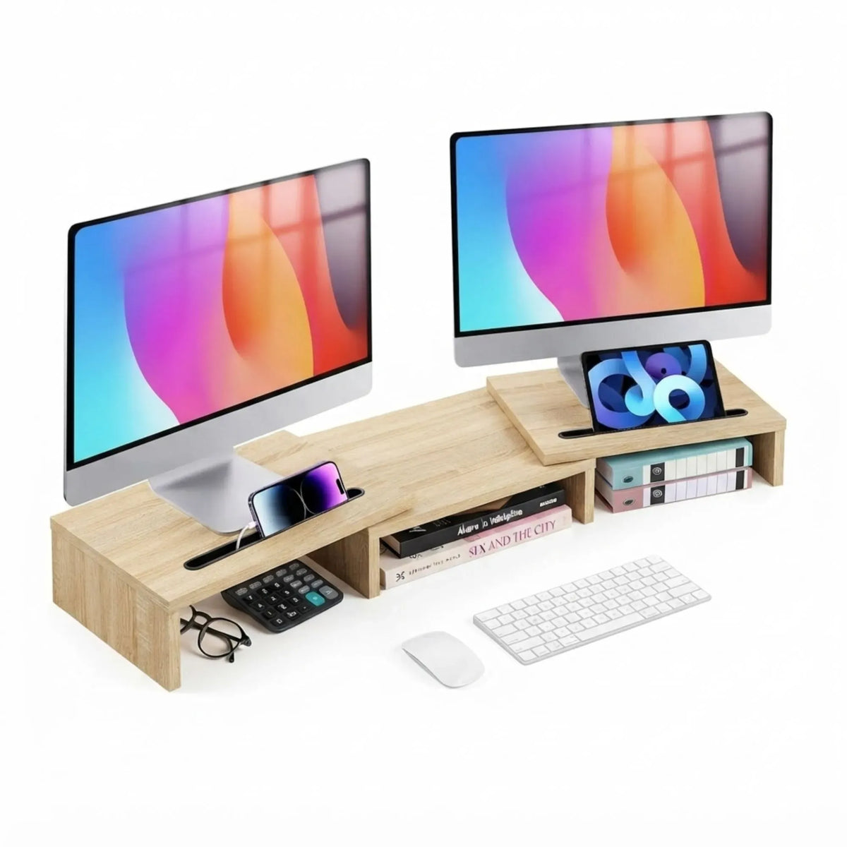 Dual Monitor Stand Riser, Adjustable Length and Angle, Beige