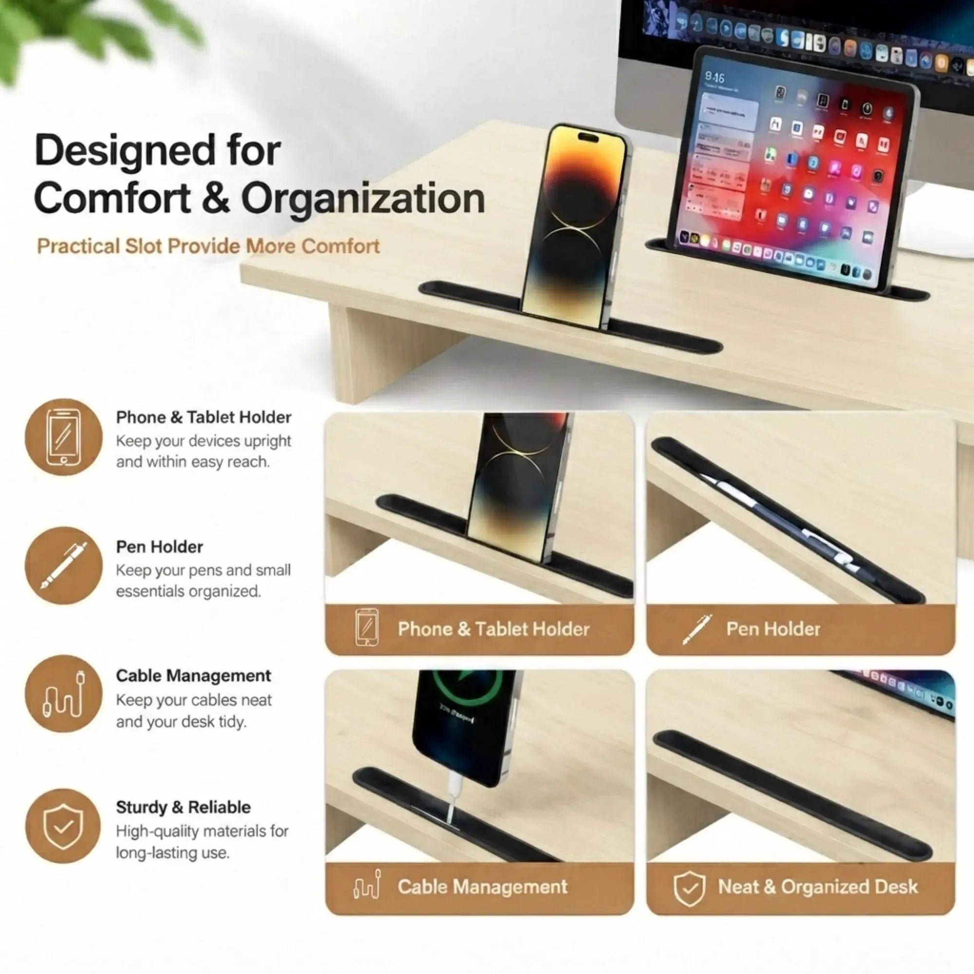 Dual Monitor Stand Riser, Adjustable Length and Angle, Beige