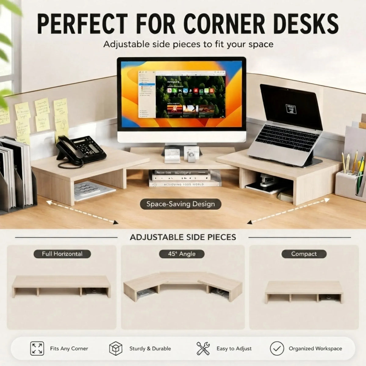 Dual Monitor Stand Riser, Adjustable Length and Angle, Beige