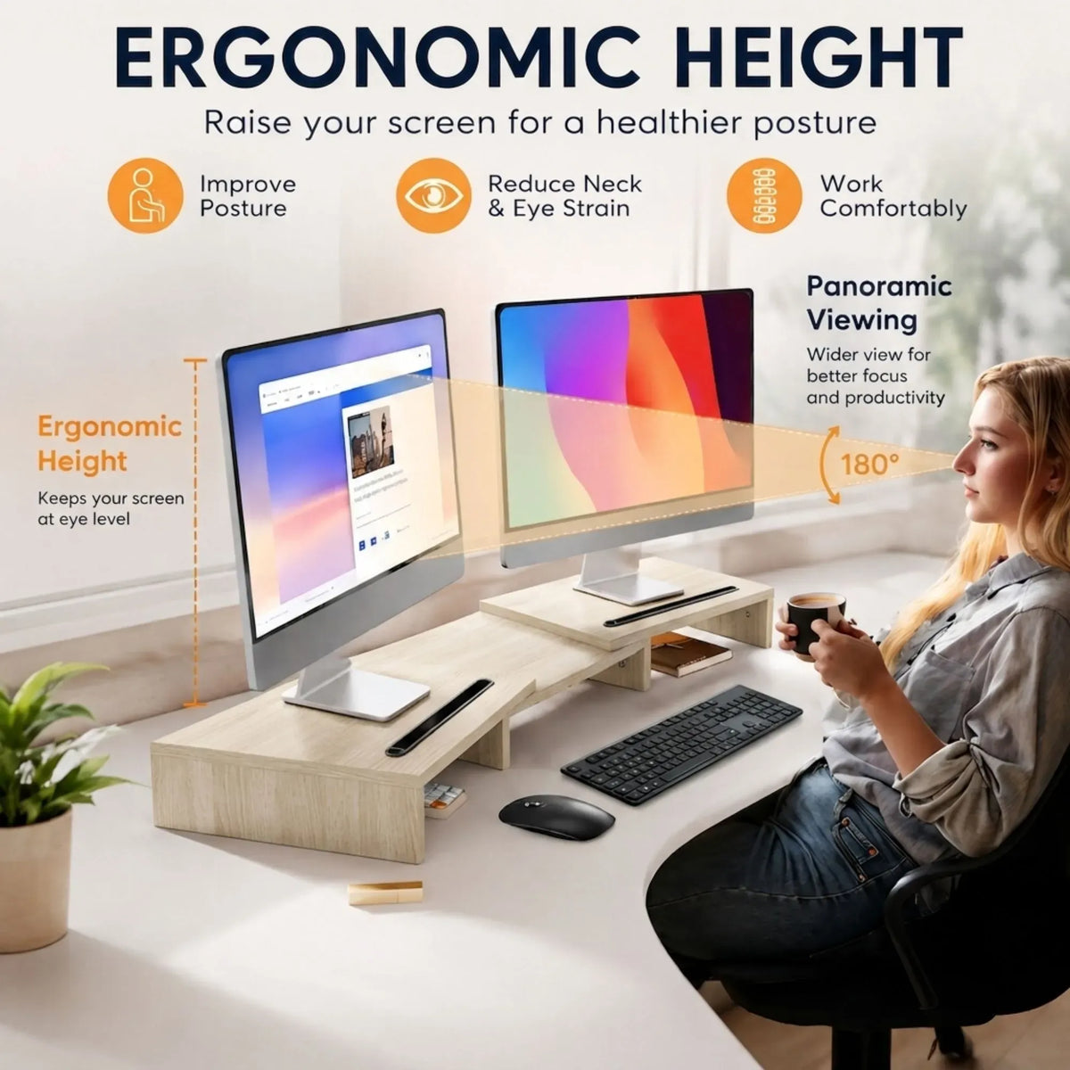 Dual Monitor Stand Riser, Adjustable Length and Angle, Beige