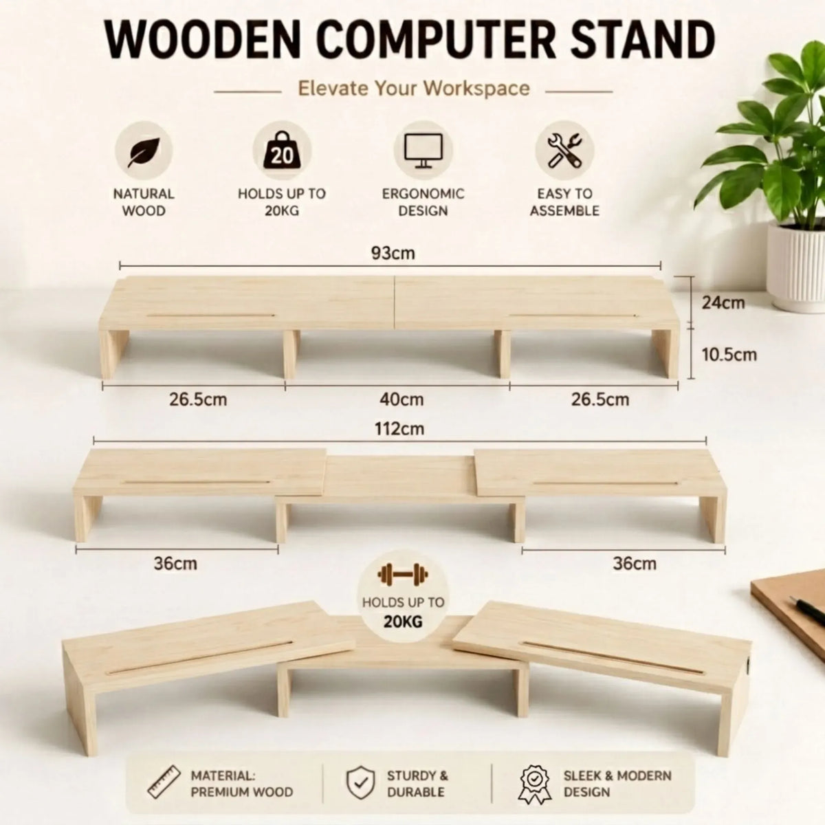 Dual Monitor Stand Riser, Adjustable Length and Angle, Beige