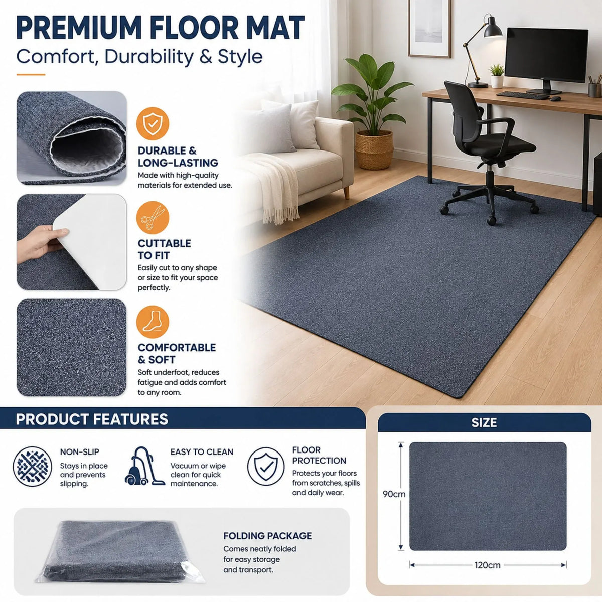 Office Chair Mat Hard Floor Protector, 120x90 cm, Anti-Slip, Grey