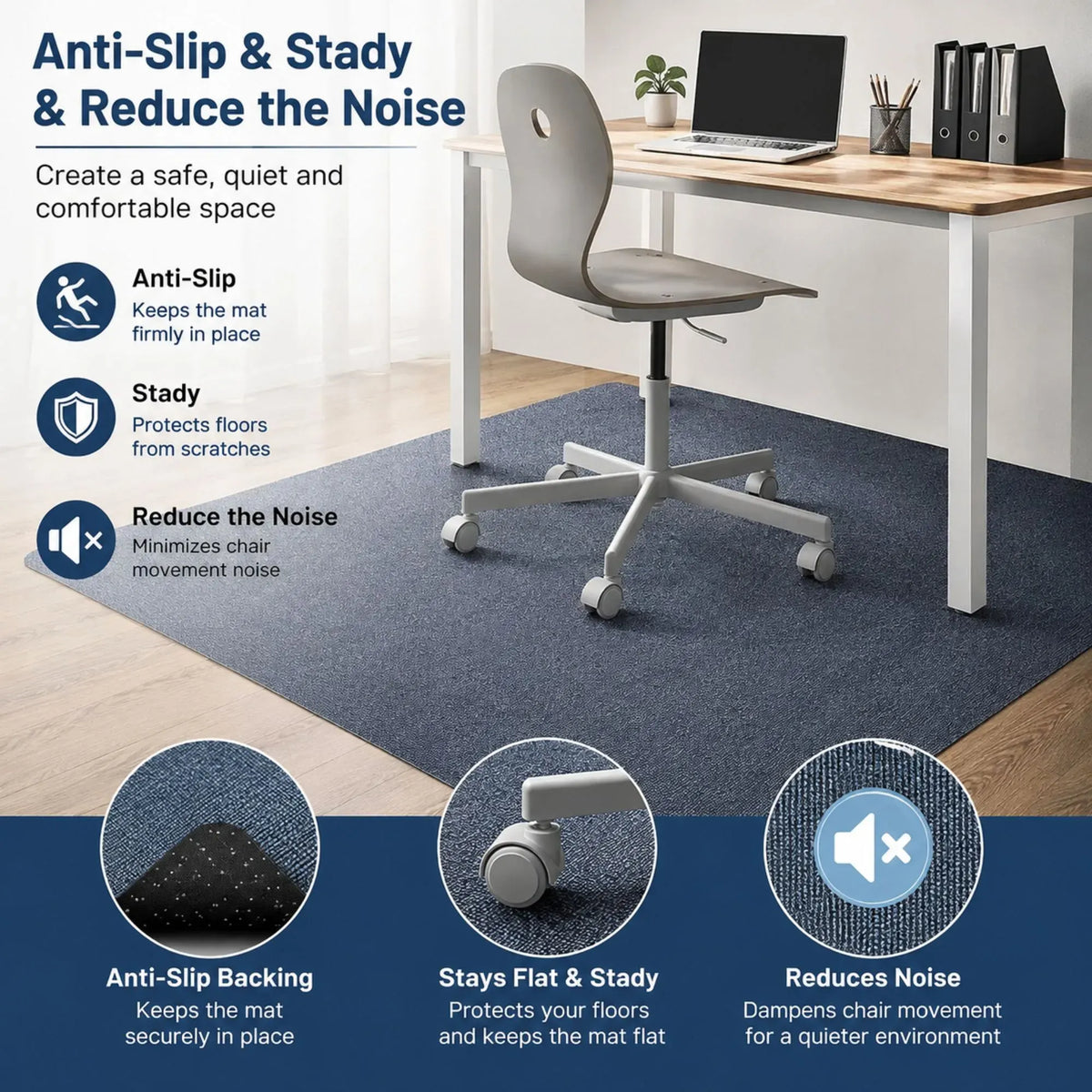 Office Chair Mat Hard Floor Protector, 120x90 cm, Anti-Slip, Grey