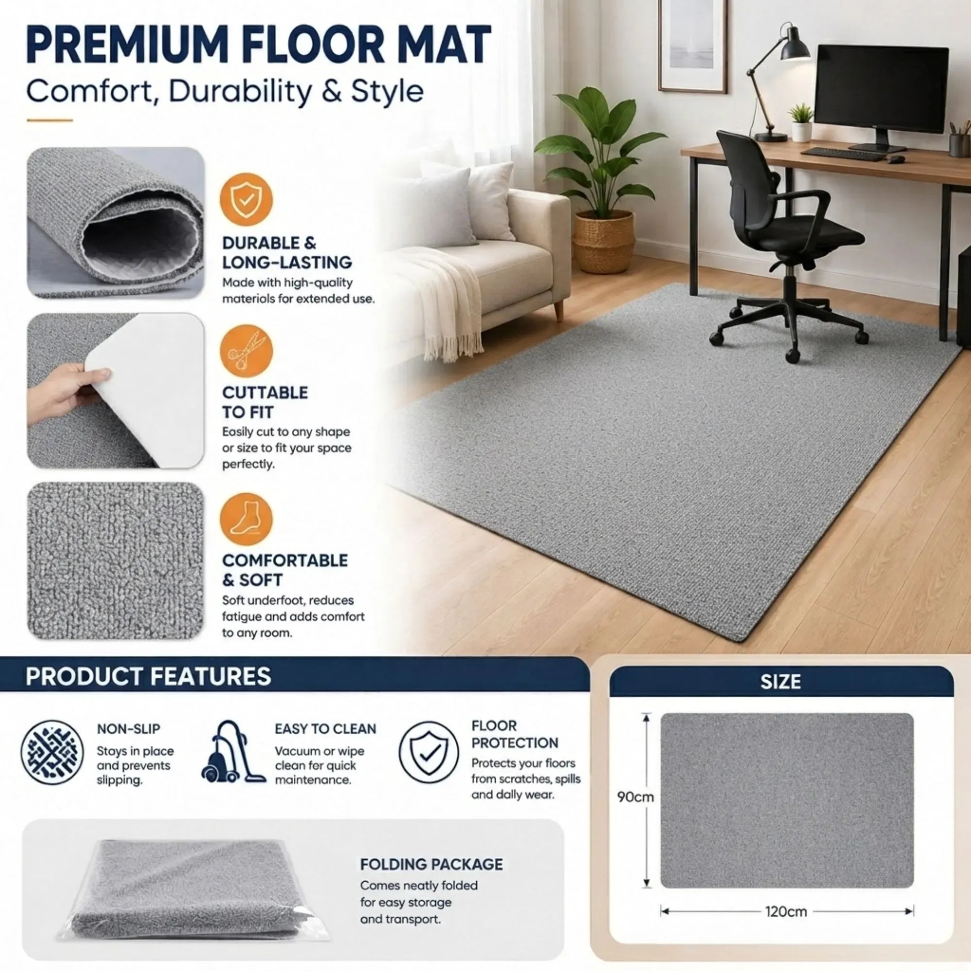 Office Chair Mat Hard Floor Protector, 120x90 cm, Anti-Slip, White