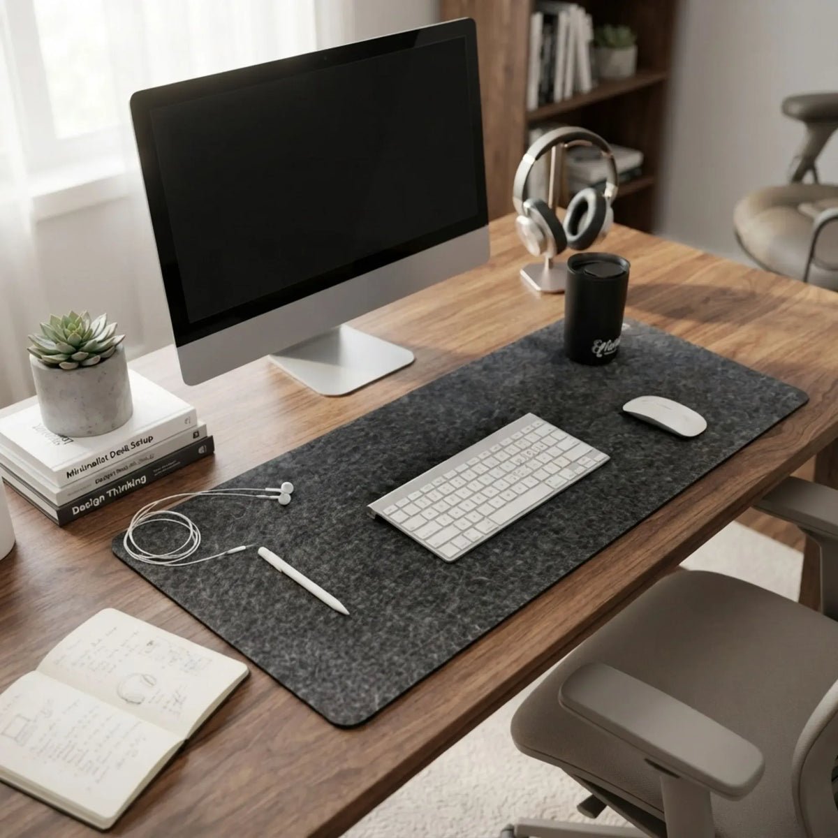 Felt Desk Mat, Large Mouse Pad 80x40cm, Grey Cotton Linen Fabric