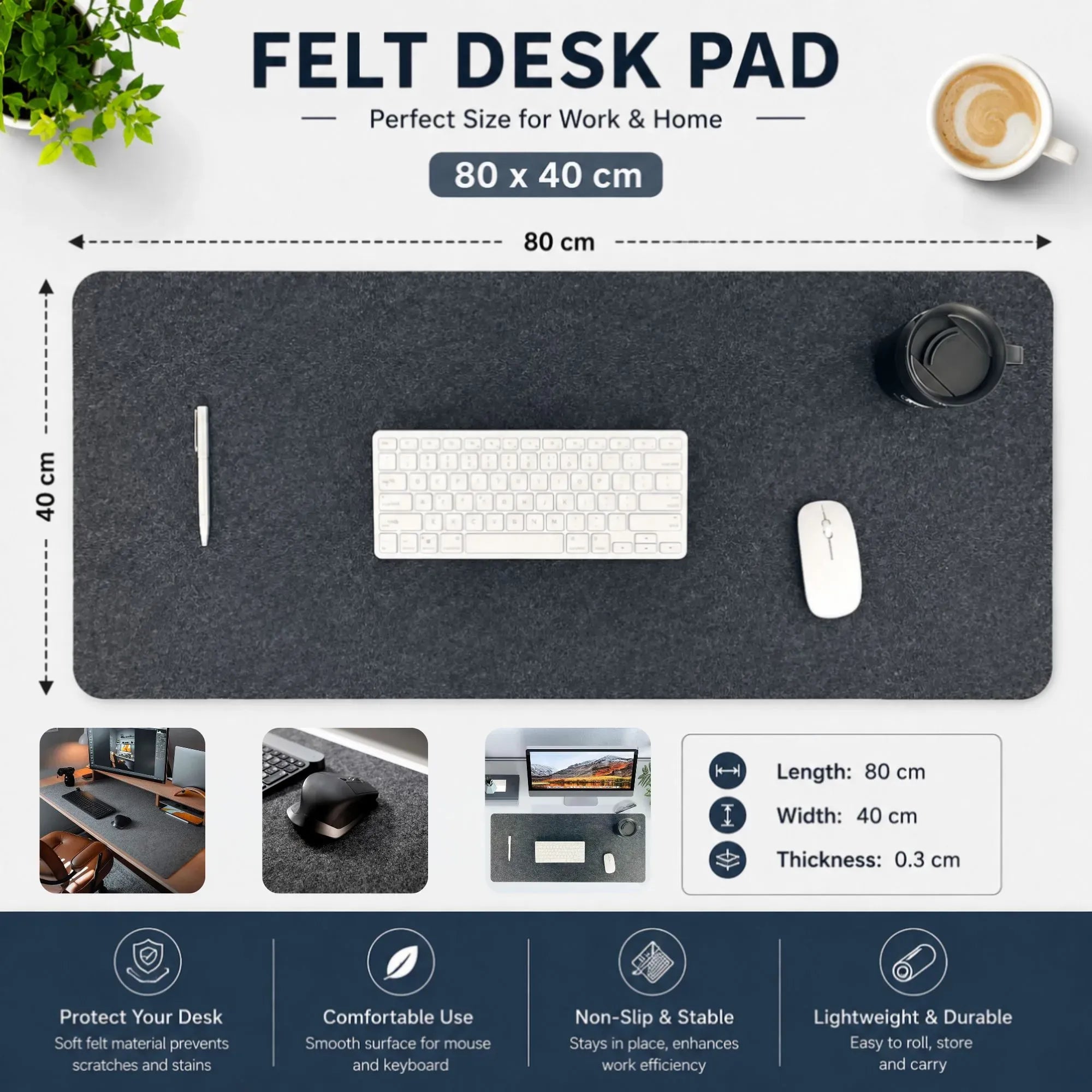 Felt Desk Mat, Large Mouse Pad 80x40cm, Grey Cotton Linen Fabric