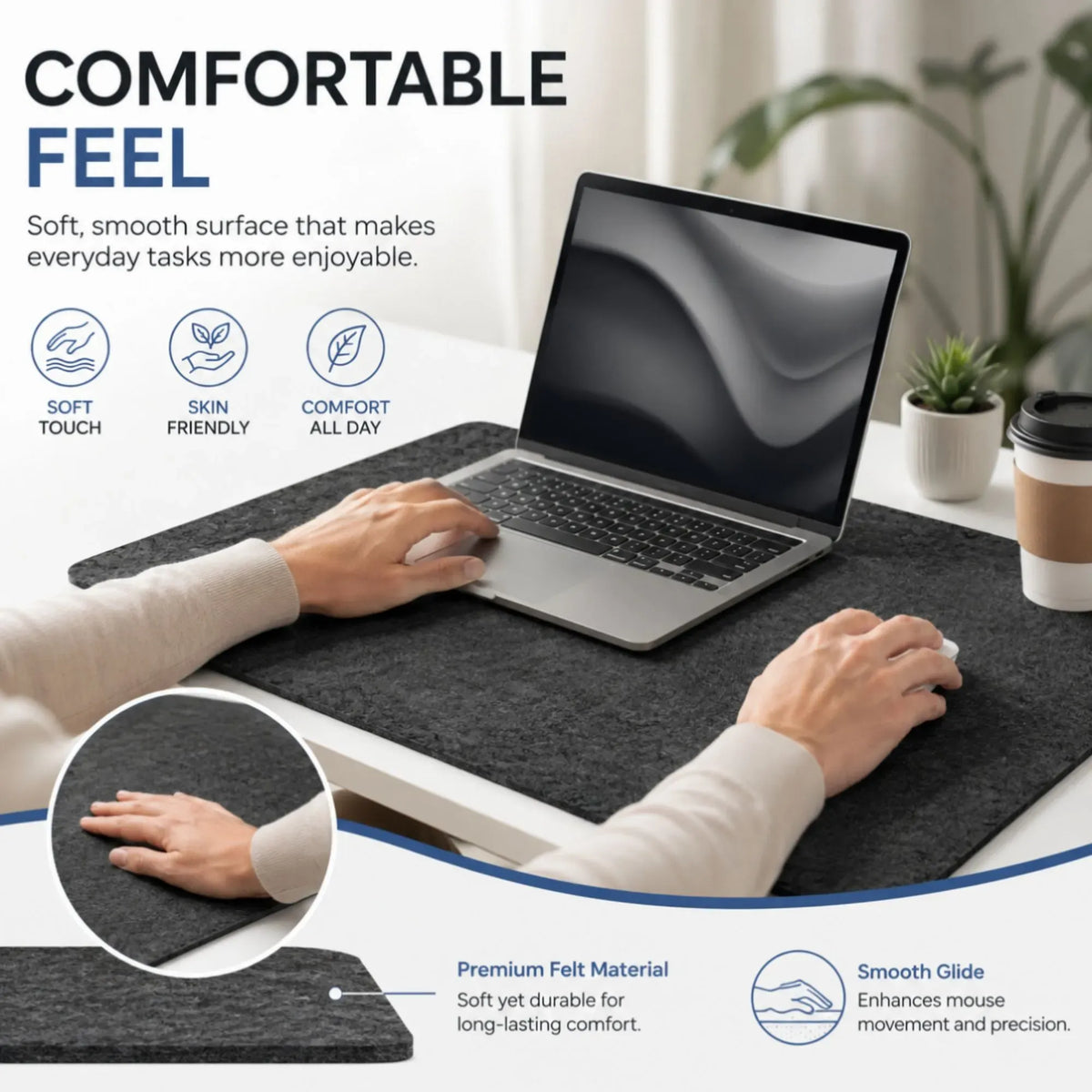 Felt Desk Mat, Large Mouse Pad 80x40cm, Grey Cotton Linen Fabric