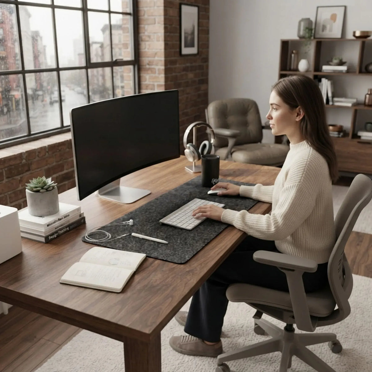 Felt Desk Mat, Large Mouse Pad 80x40cm, Grey Cotton Linen Fabric